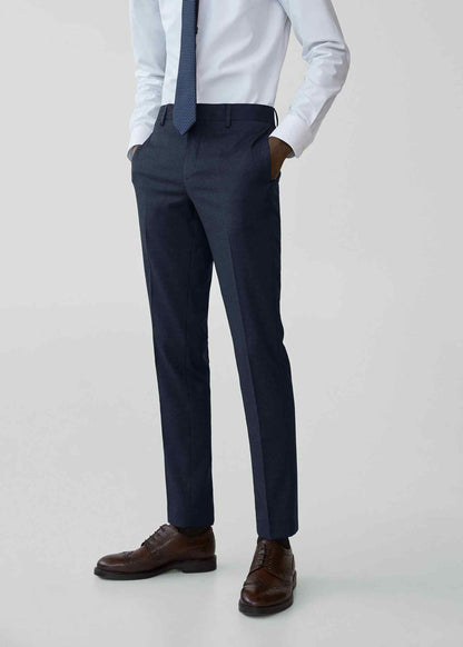 Night blue suit trousers with belt loops, straight leg, and front crease