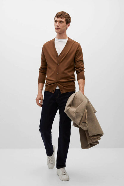 Brown V-neck button cardigan with long sleeves, ribbed cuffs and hem