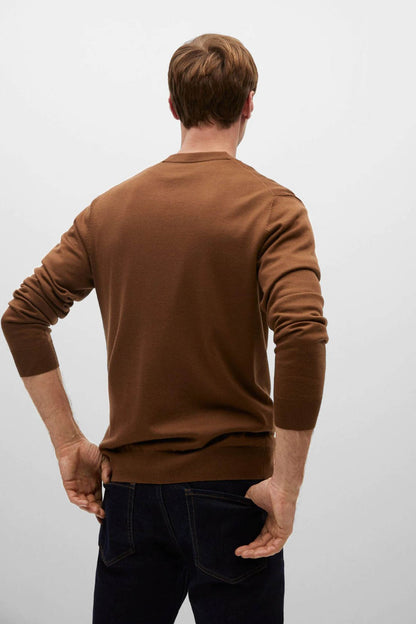 Brown V-neck button cardigan back view, long sleeves and ribbed hem