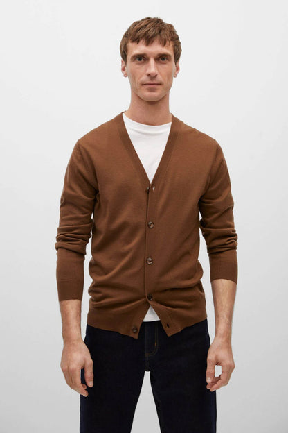 Brown V-neck button cardigan with long sleeves, ribbed cuffs and hem