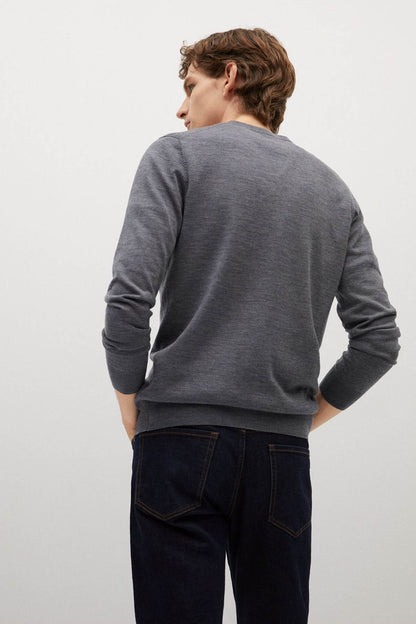 Grey knit cardigan back view with button placket and long sleeves