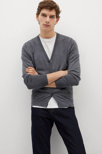 Grey knit cardigan with button front and V-neck, long sleeves