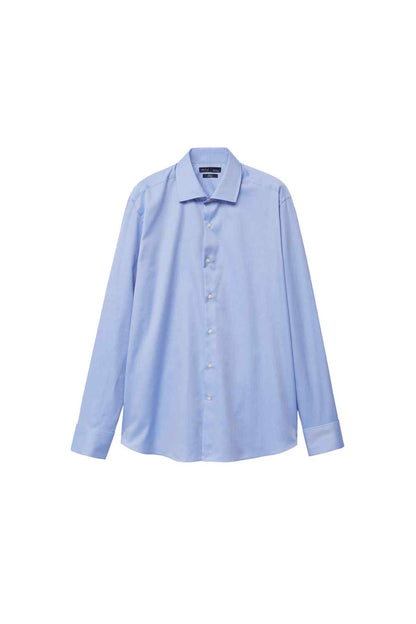 Sky blue long-sleeve button-up shirt with pointed collar and front button placket