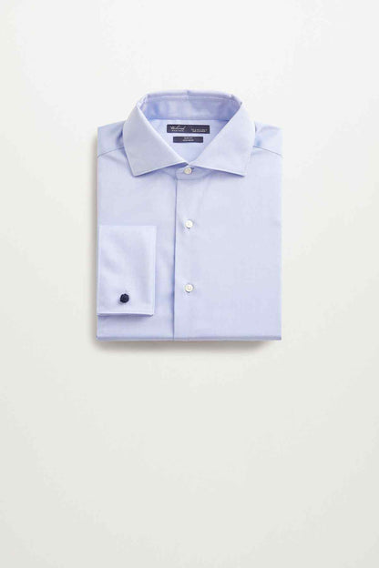 Sky blue button-up dress shirt with pointed collar and white button placket