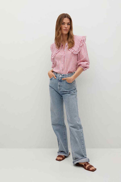 Pink and white striped ruffle-collar blouse with long puff sleeves