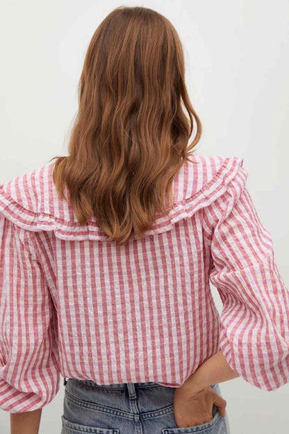 Pink and white striped blouse, back view, ruffled yoke and puff sleeves