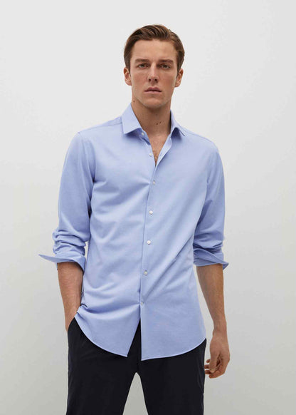 Men's sky-blue button-up shirt, long sleeves, button front, chest view
