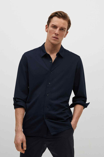 Navy button-up dress shirt with long sleeves and button-down collar