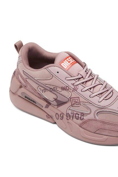 Diesel fuchsia lace-up sneakers, side view with graphic overlays and logo detail