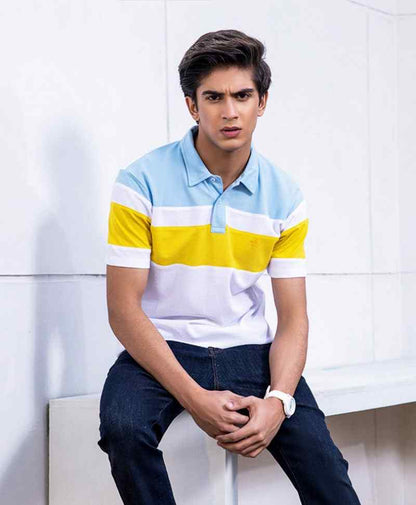 Men's fitted polo shirt, light blue and yellow striped with white, short sleeves, collar