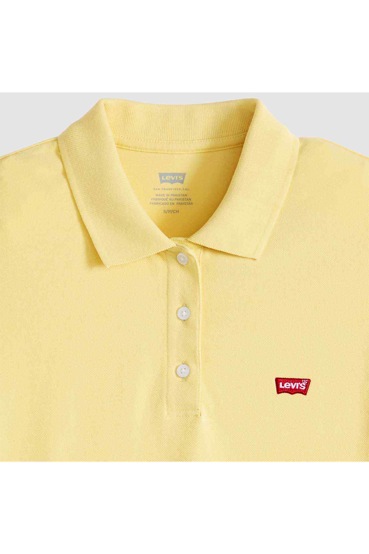 Levi's yellow polo shirt close-up of collar, buttons, and chest logo