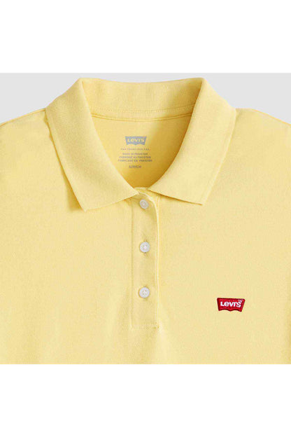 Levi's yellow polo shirt close-up of collar, buttons, and chest logo