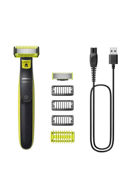 PHILIPS OneBlade electric trimmer kit with green guards and charging cable