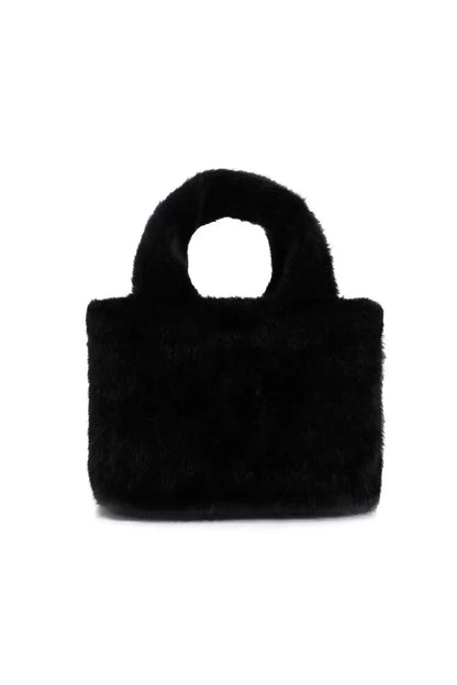 Black faux-fur mini tote bag with short top handle