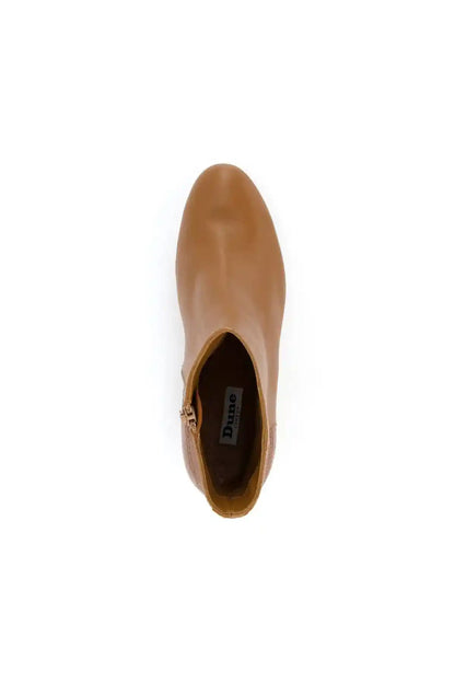Camel ankle boot with leather-look upper and visible interior label