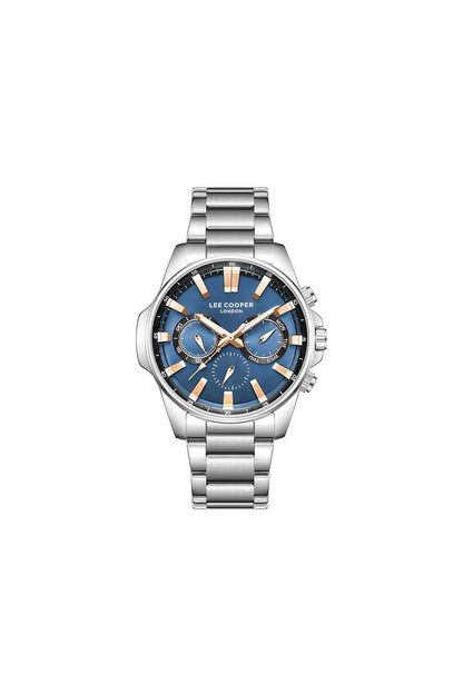 Lee Cooper silver watch with blue multi-dial face and metal bezel