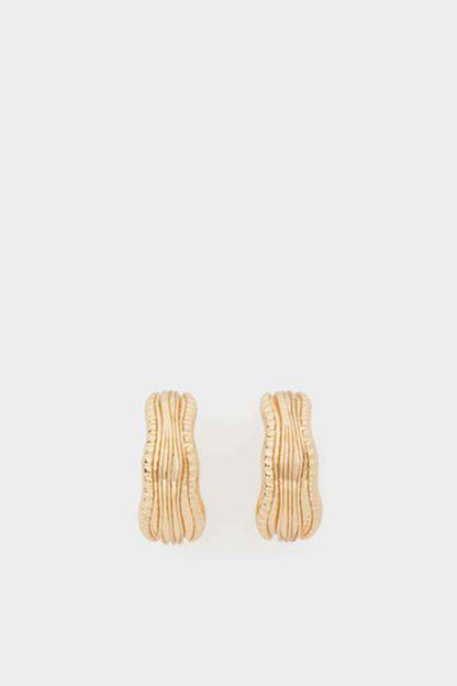 Gold ribbed hoop earrings, pair, textured oval design