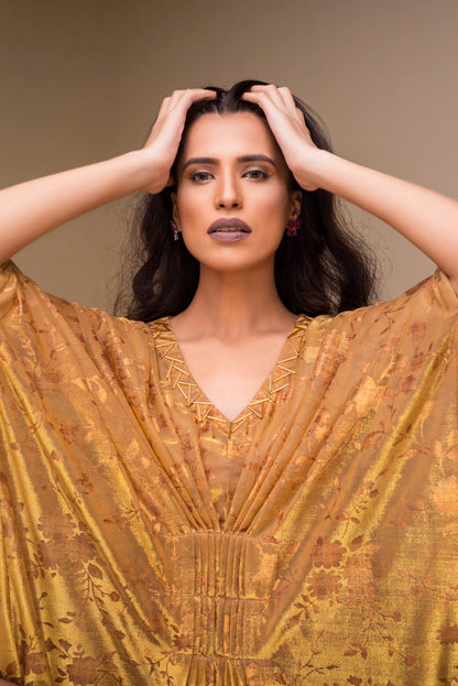 Gold velour V-neck maxi dress with embroidered pattern and gathered waist
