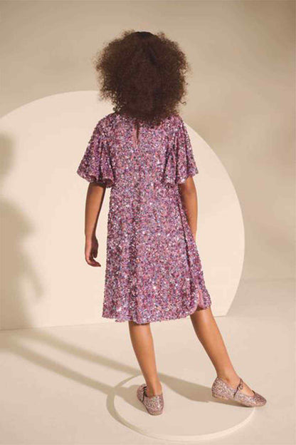 Girls' pink sparkly short-sleeve dress, back view, gathered skirt