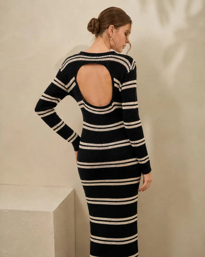 Open-back black and cream striped knit maxi dress, long sleeves, crew neck