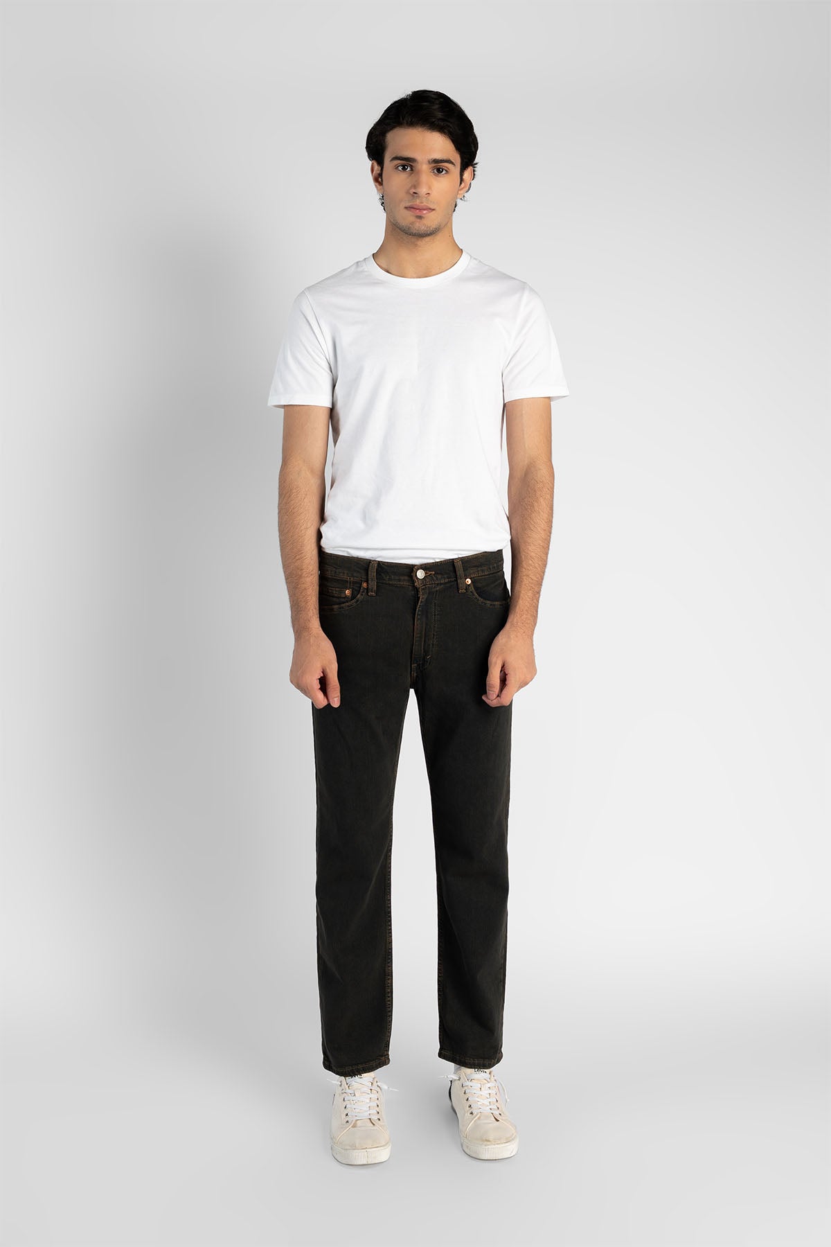 Levi's dark denim jeans, straight leg with front pockets and belt loops