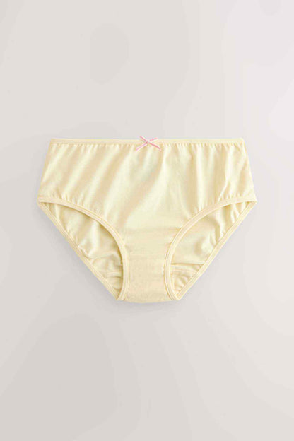 Kids cotton briefs, pale yellow with small pink bow at center waistband