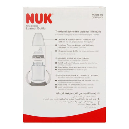 Baby learner bottle box back with white bottle illustration and product info