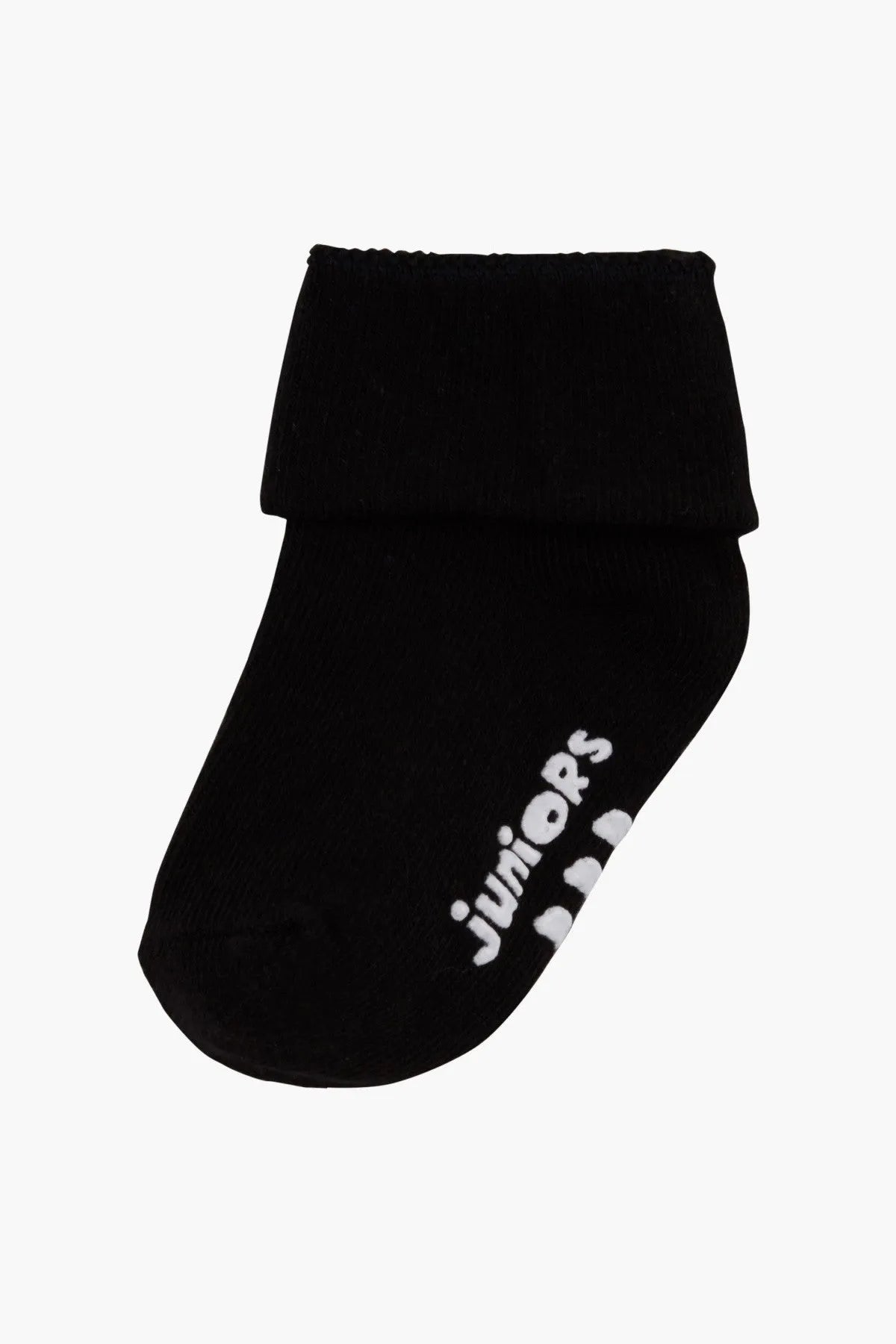 Black infant ankle socks with white lettering on the leg