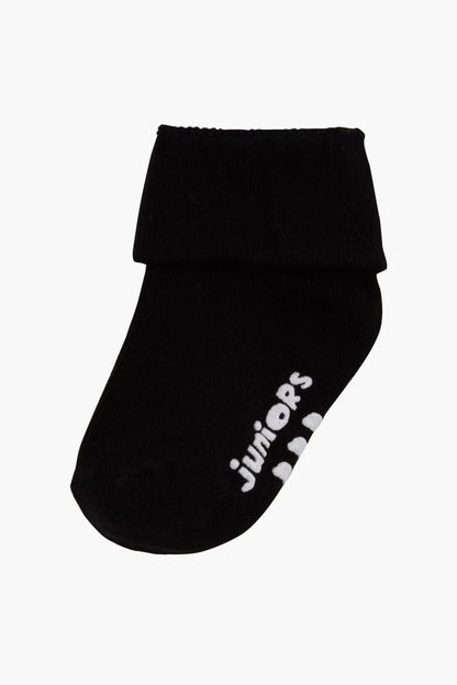 Black infant ankle socks with white lettering on the leg