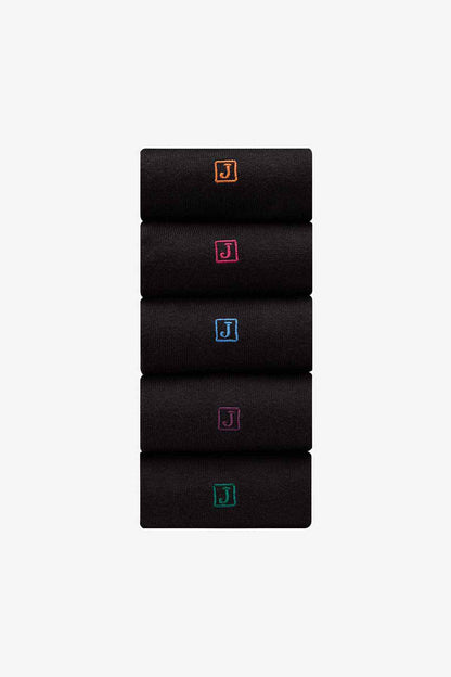 Black crew sock set, four folded pairs with colored logo markers