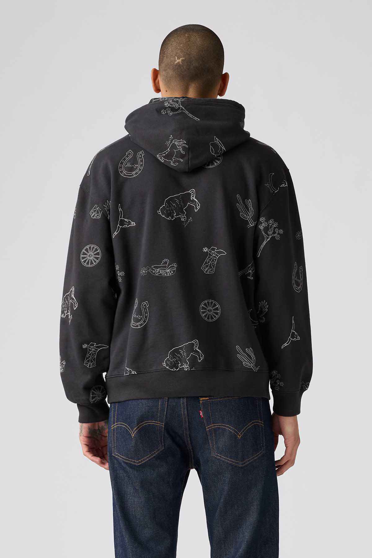 Levi's black hoodie, back view with gray animal icons pattern and drawstring hood