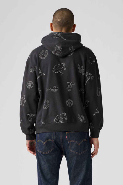 Levi's black hoodie, back view with gray animal icons pattern and drawstring hood