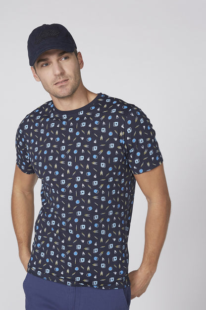 Men's short-sleeve crewneck T-shirt in navy with allover white graphic print