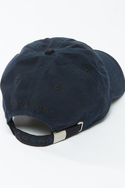 Navy blue baseball cap with adjustable back strap and embroidered back logo