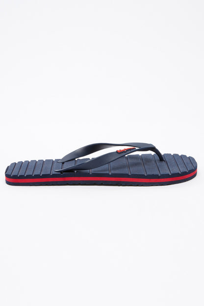 Splash dark blue flip-flops, side view, red trim and padded thong
