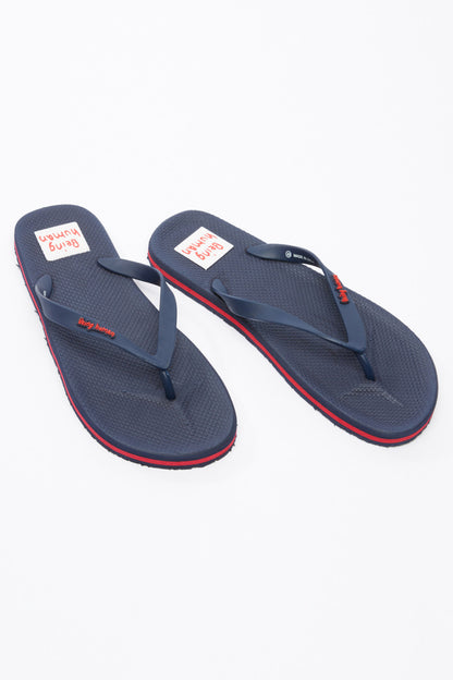 Navy flip-flops with red trim, thong straps and branded footbed