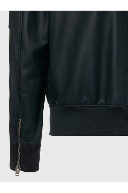 Dark green leather bomber jacket sleeve with side zipper and ribbed cuff