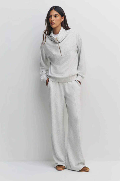 Grey lounge tracksuit: cowl-neck hoodie and wide-leg jogger trousers
