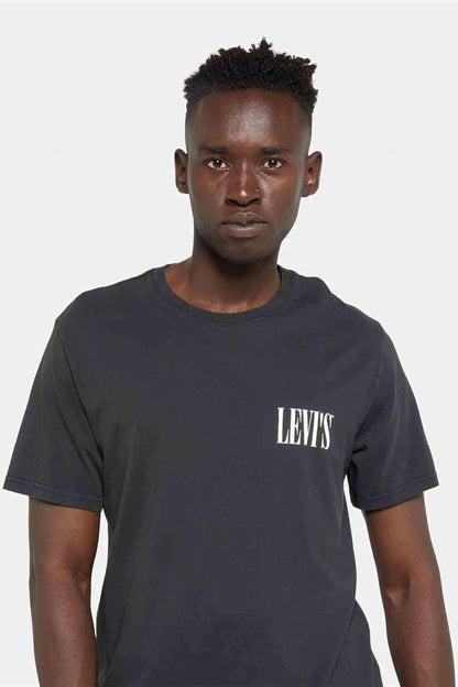 Men's black T-shirt with white Levi's chest logo, crew neck, short sleeves