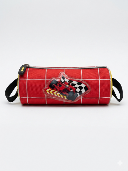 BabyShop red checkered zipper pouch with racing car graphic patch
