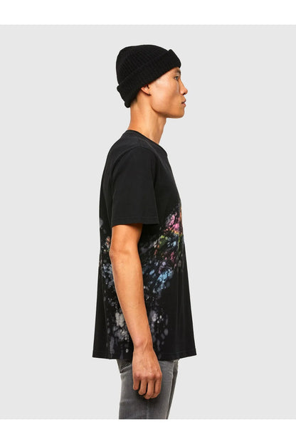 Black Diesel crew-neck T-shirt with multicolor splatter front graphic, short sleeves.