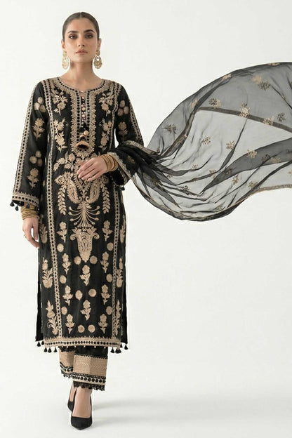 Black embroidered kurta with gold motifs, round neckline, tassel hem; sheer dupatta
