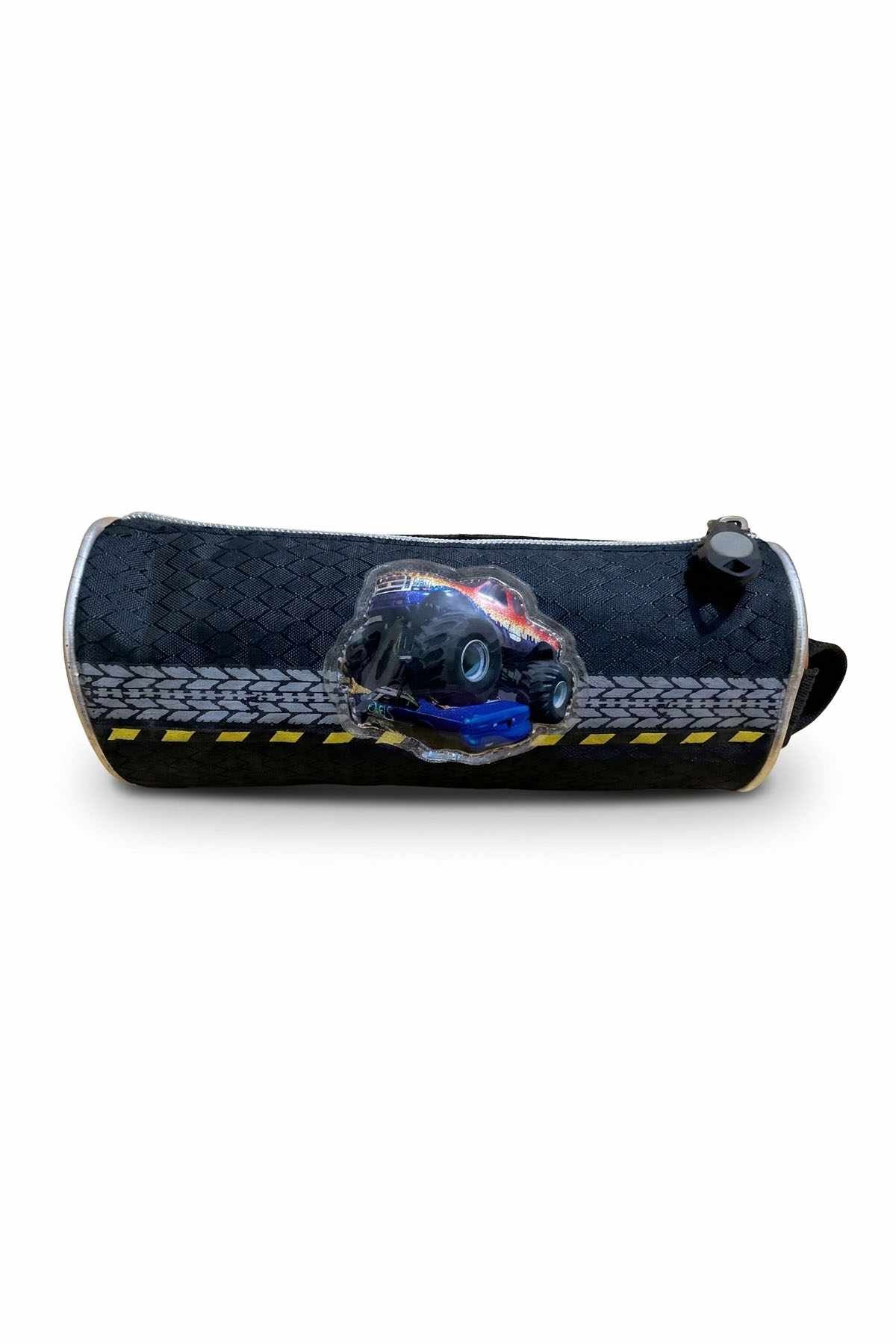 Cylindrical bottle holder in dark blue texture with yellow stripe and clear robot charm
