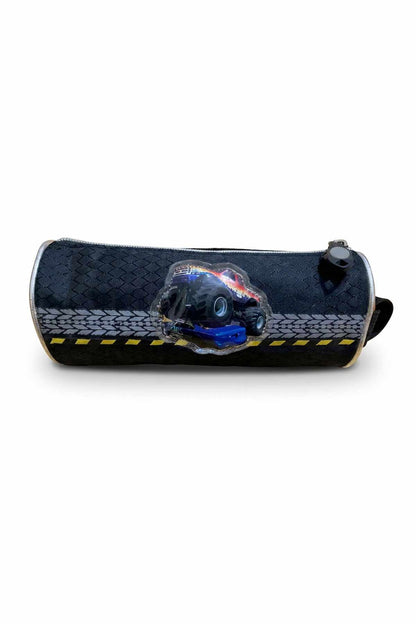 Cylindrical bottle holder in dark blue texture with yellow stripe and clear robot charm