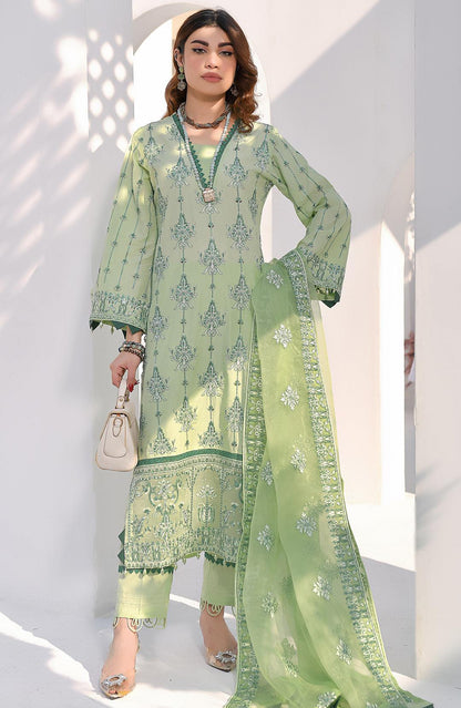 Fiona light green embroidered long dress with patterned hem and wide cuffs