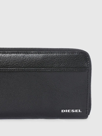 Diesel black leather wallet with stitched edge and DIESEL logo on front panel