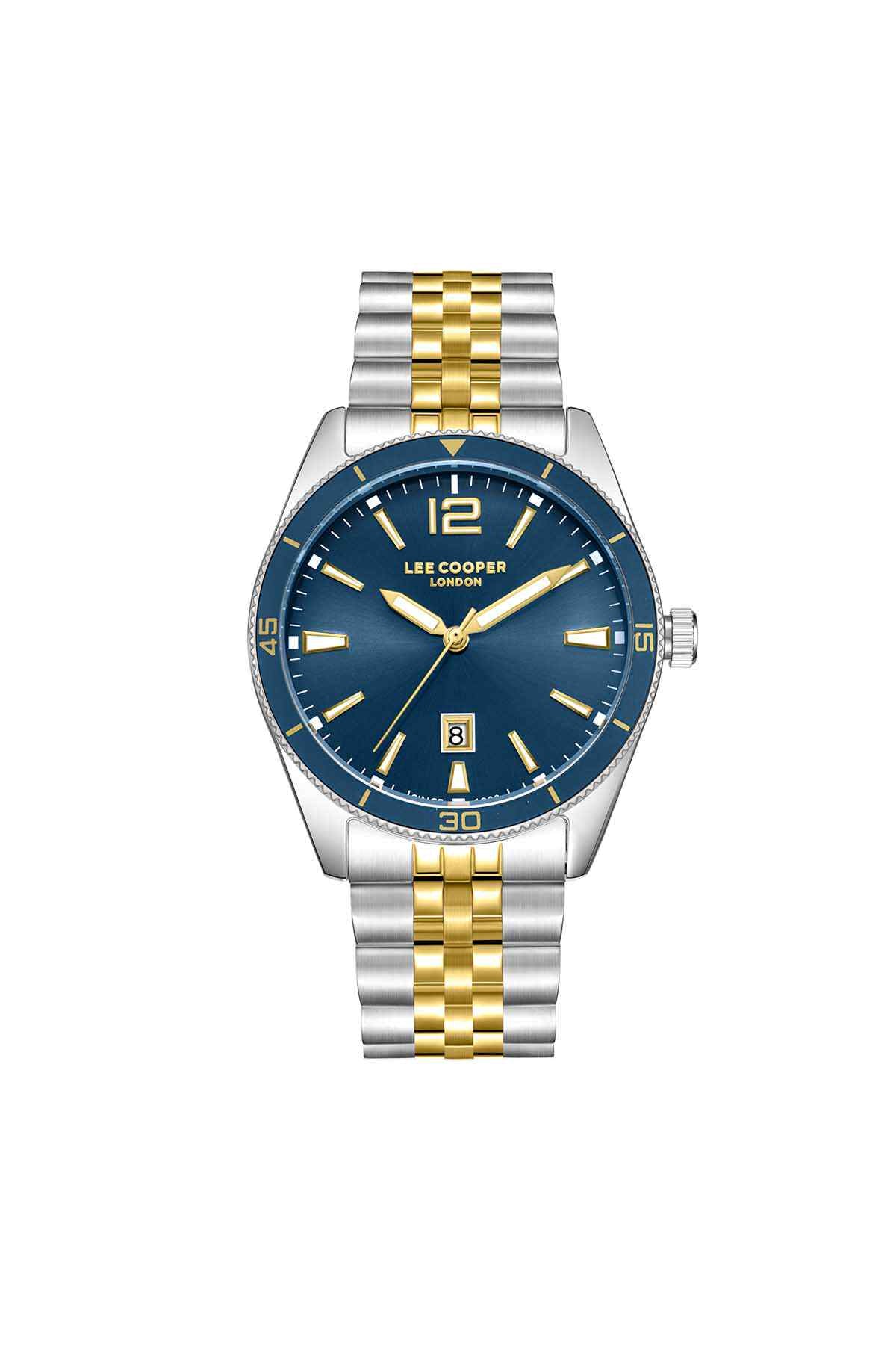 Lee Cooper wristwatch with blue dial and silver/gold metal bracelet, gold hour markers