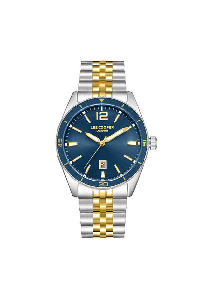 Lee Cooper wristwatch with blue dial and silver/gold metal bracelet, gold hour markers