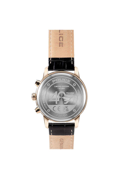 Police watch case back in silver tone with black leather strap