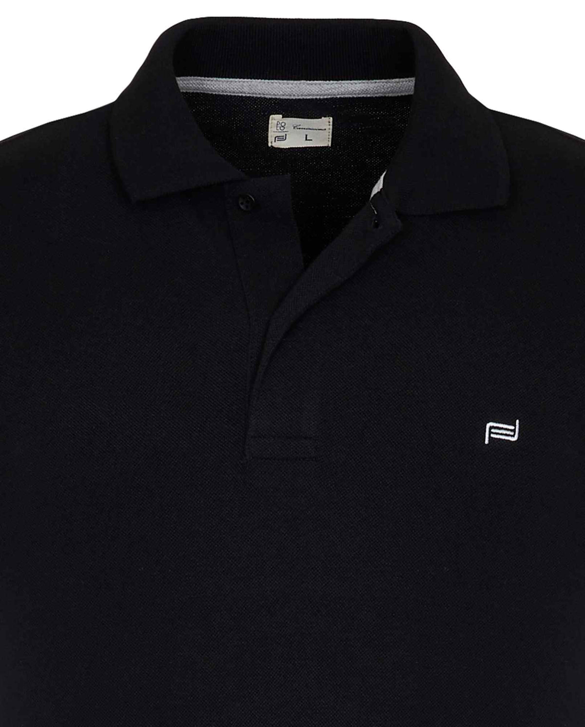 Black polo shirt close-up: flat collar, button placket, chest logo, neck label